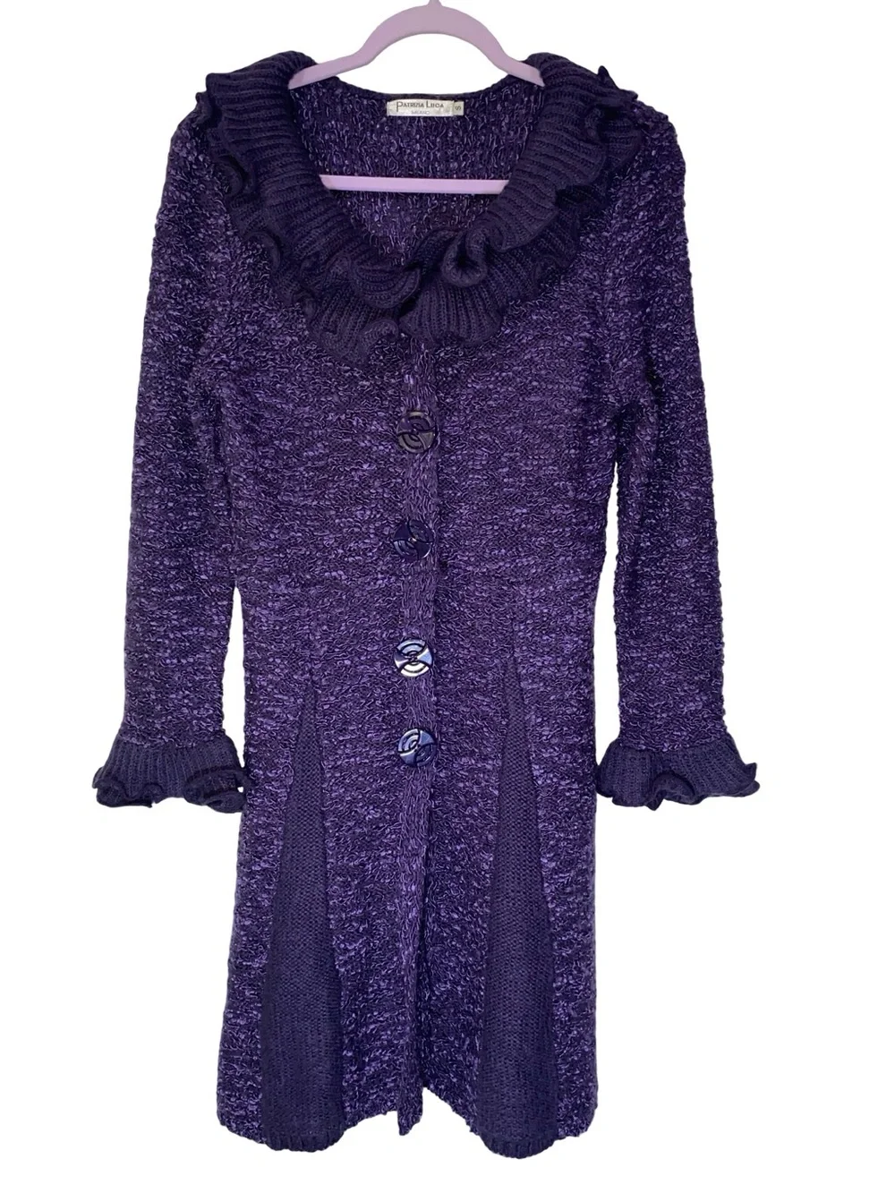 Patrizia Luca Purple Textured Knit Ruffle Longline Cardigan Sweater Coat Size S